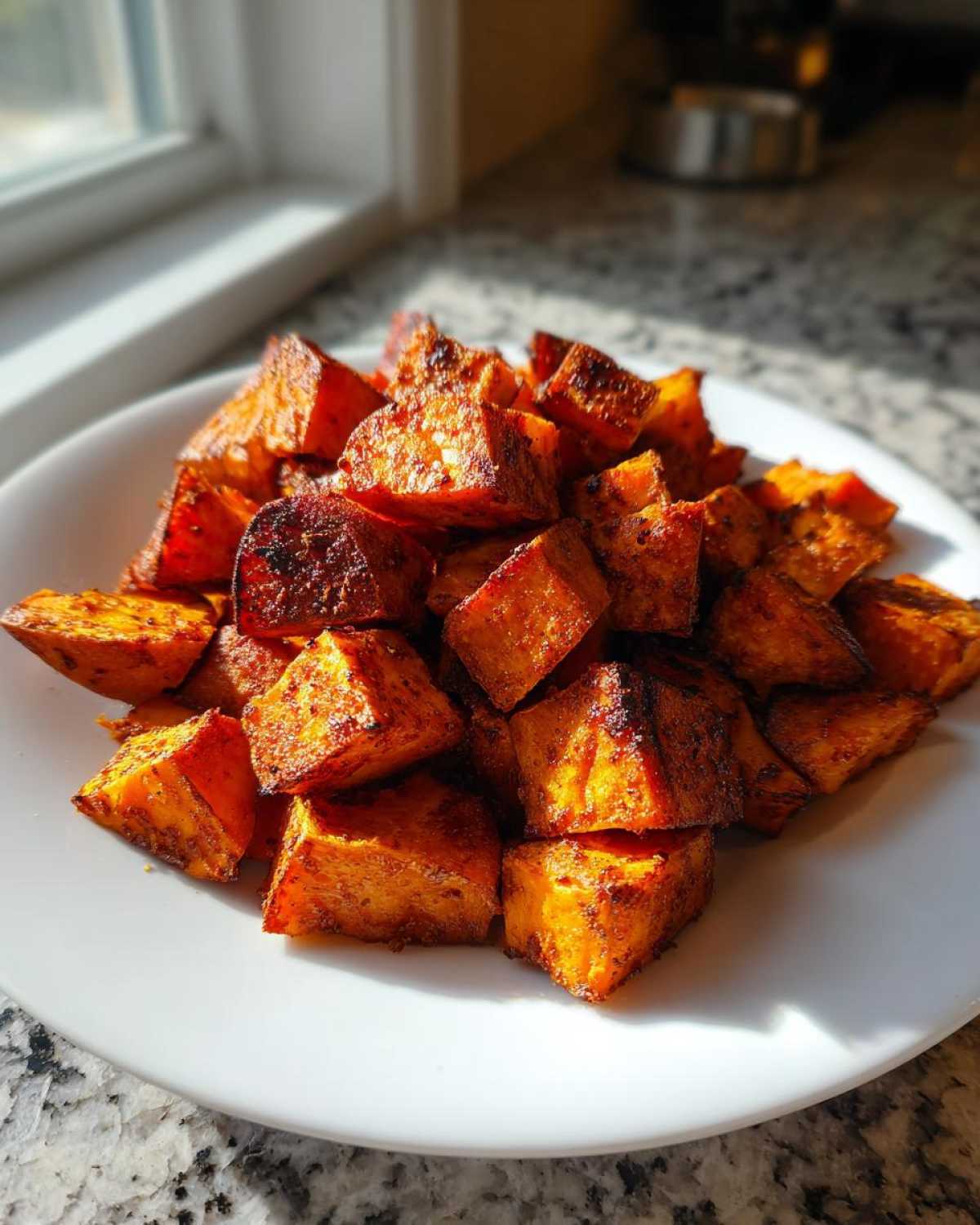 A pile of perfectly roasted, crispy, and seasoned sweet potatoes cubes served on a white plate.