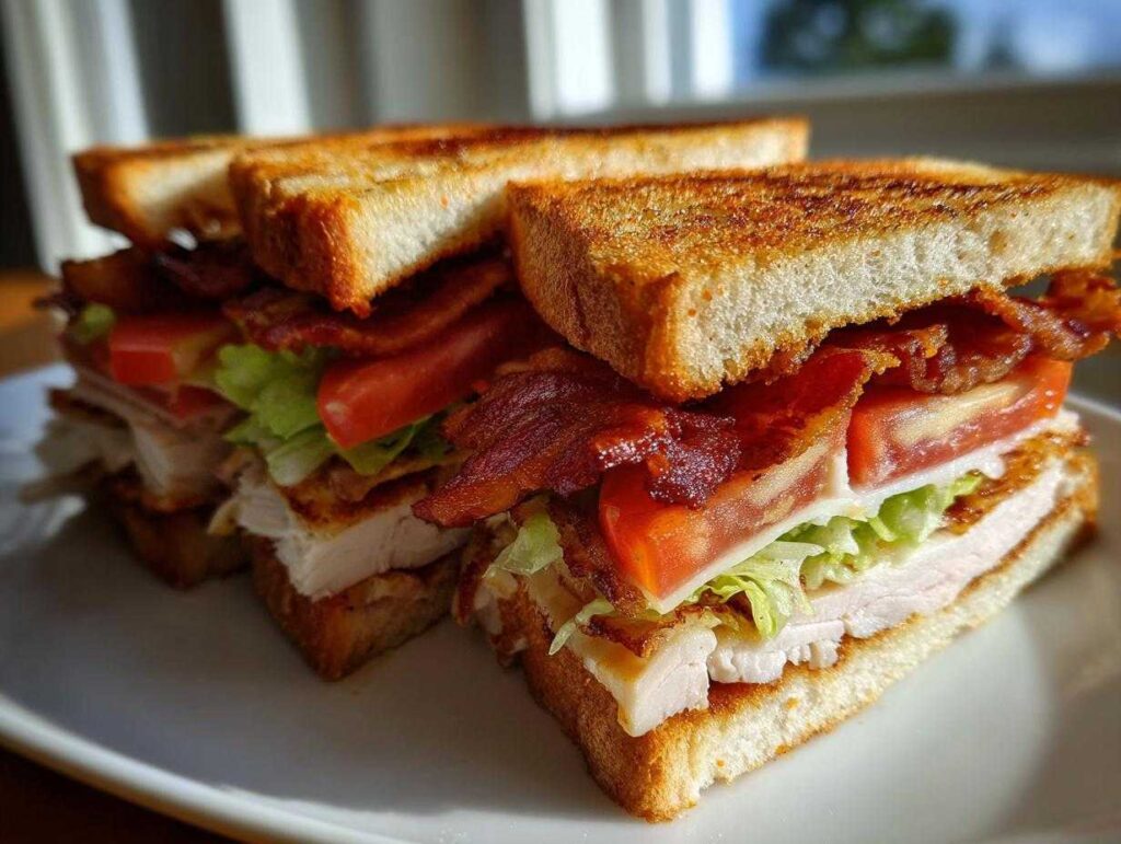 Two halves of a crispy ultimate club sandwich stacked high with turkey, bacon, tomato, and lettuce on toasted bread.