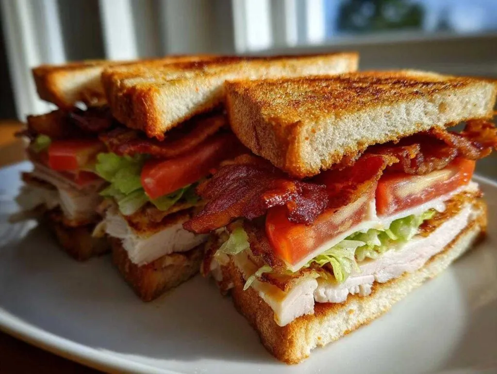 Two halves of a crispy ultimate club sandwich stacked high with turkey, bacon, tomato, and lettuce on toasted bread.