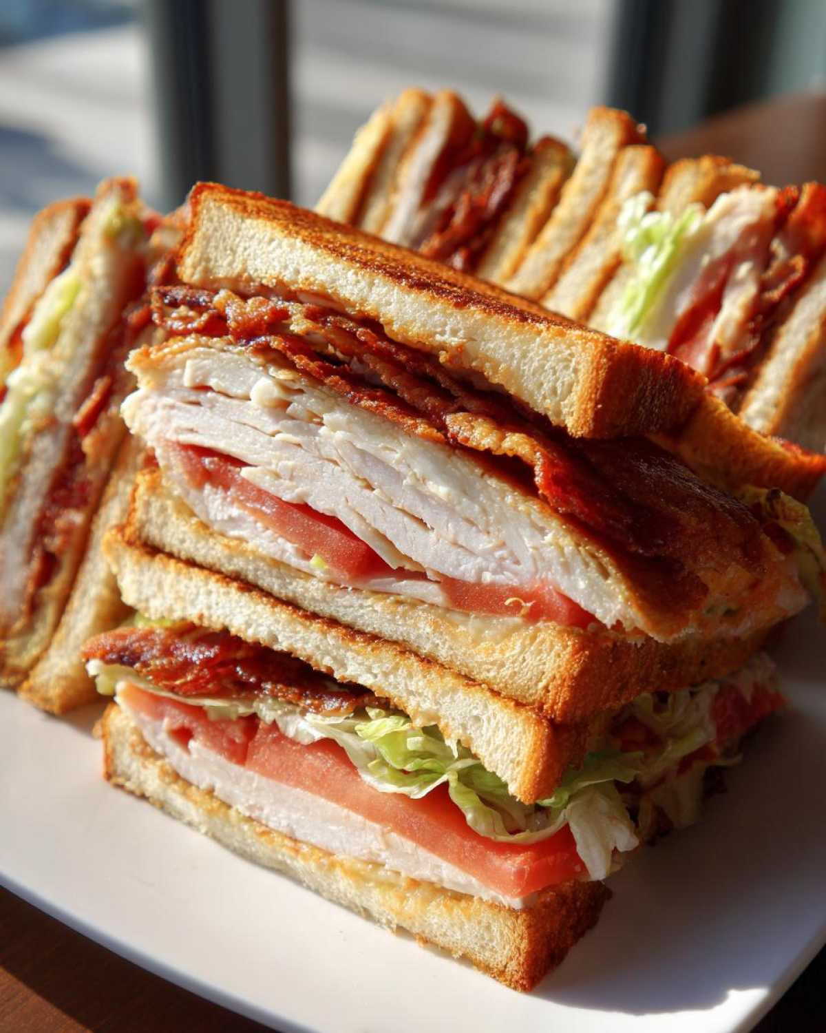 Close-up of stacked, quartered sections of a crispy ultimate club sandwich showing layers of toasted bread, turkey, bacon, tomato, and lettuce.
