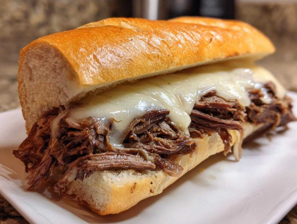 Close-up of a delicious crockpot french dip sandwich loaded with shredded beef and melted provolone cheese on a hoagie roll.