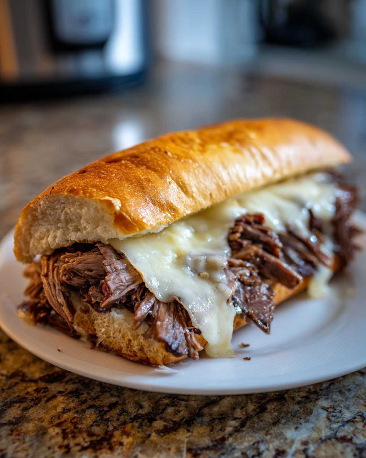 A close-up of a delicious crockpot french dip sandwiches filled with shredded beef and melted white cheese on a toasted roll.