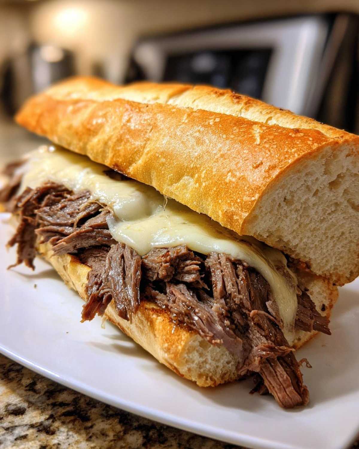 Close-up of a delicious crockpot french dip sandwich filled with shredded beef and melted provolone cheese on a hoagie roll.