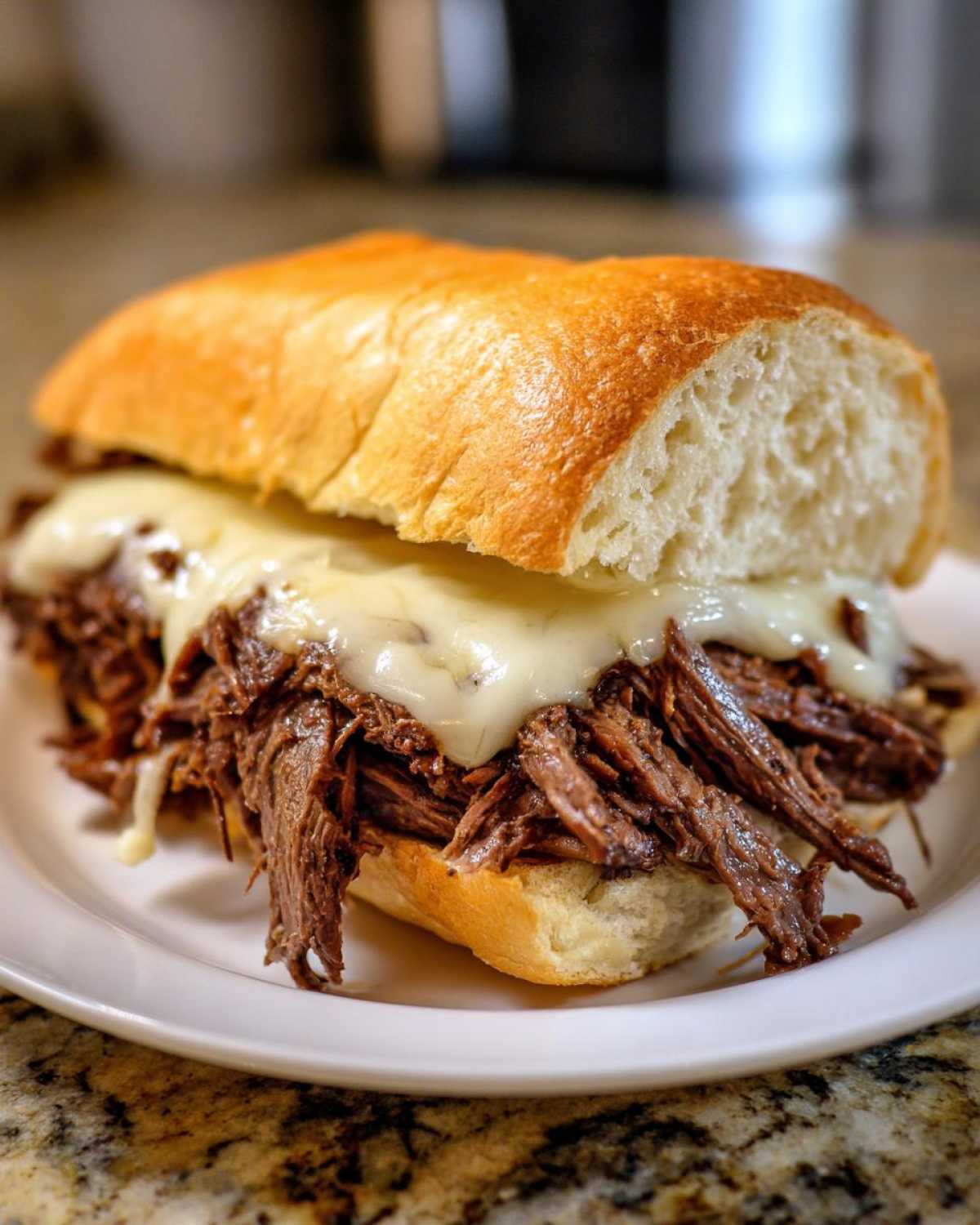 Close-up of a juicy crockpot french dip sandwich filled with shredded beef and melted provolone cheese on a hoagie roll.