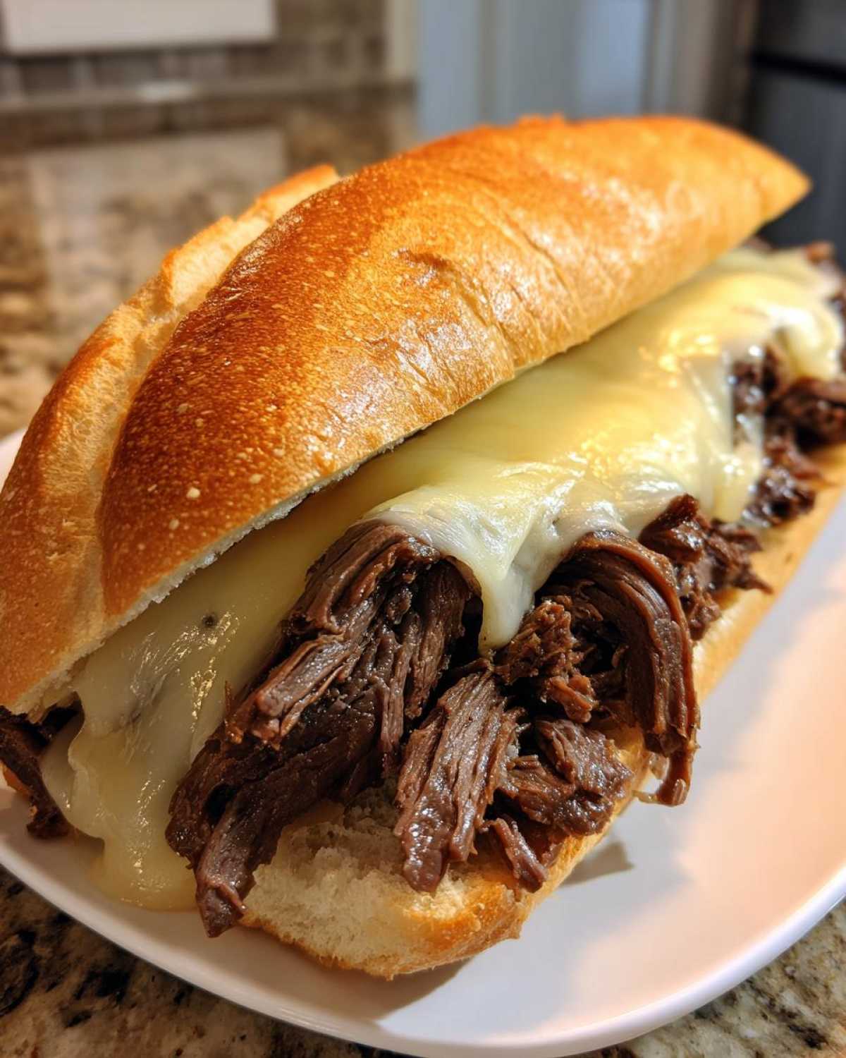 Close-up of a delicious crockpot french dip sandwich filled with shredded beef and melted provolone cheese on a crusty roll.