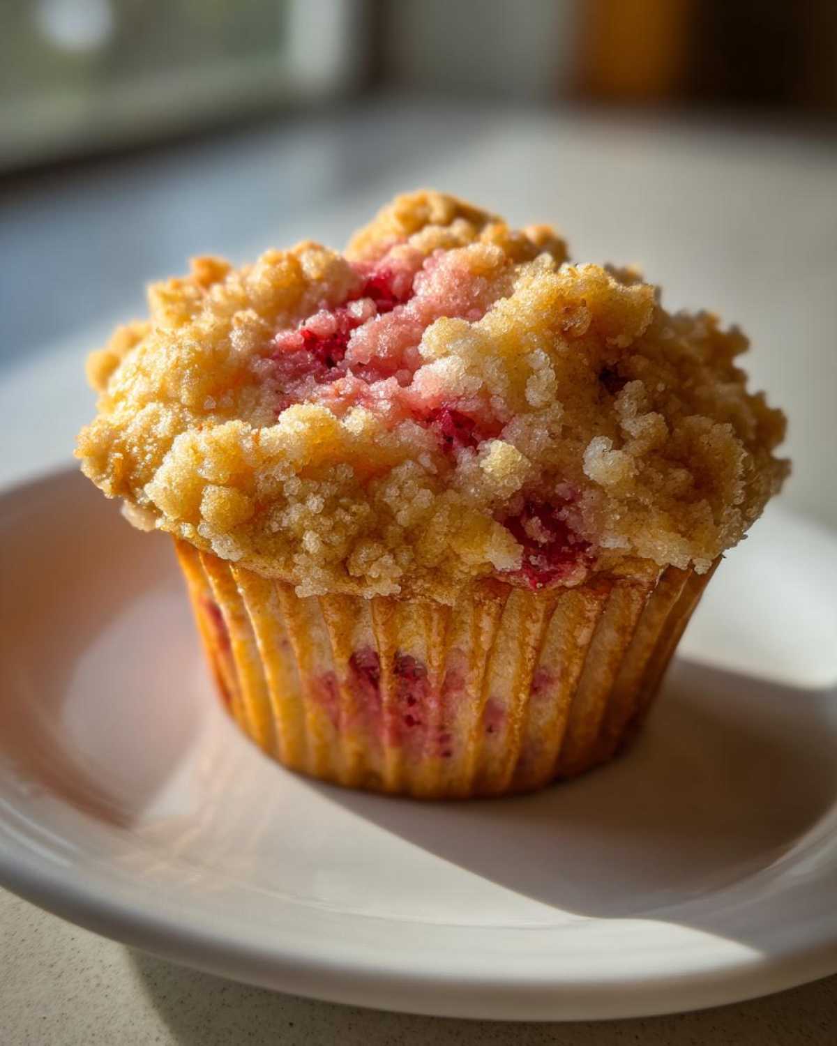 A close-up of a freshly baked strawberry muffins with a golden, sugary crumb topping sitting on a white plate.