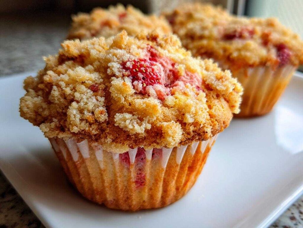 A close-up of a freshly baked strawberry muffin topped with a thick, golden crumb topping, sitting on a white plate.