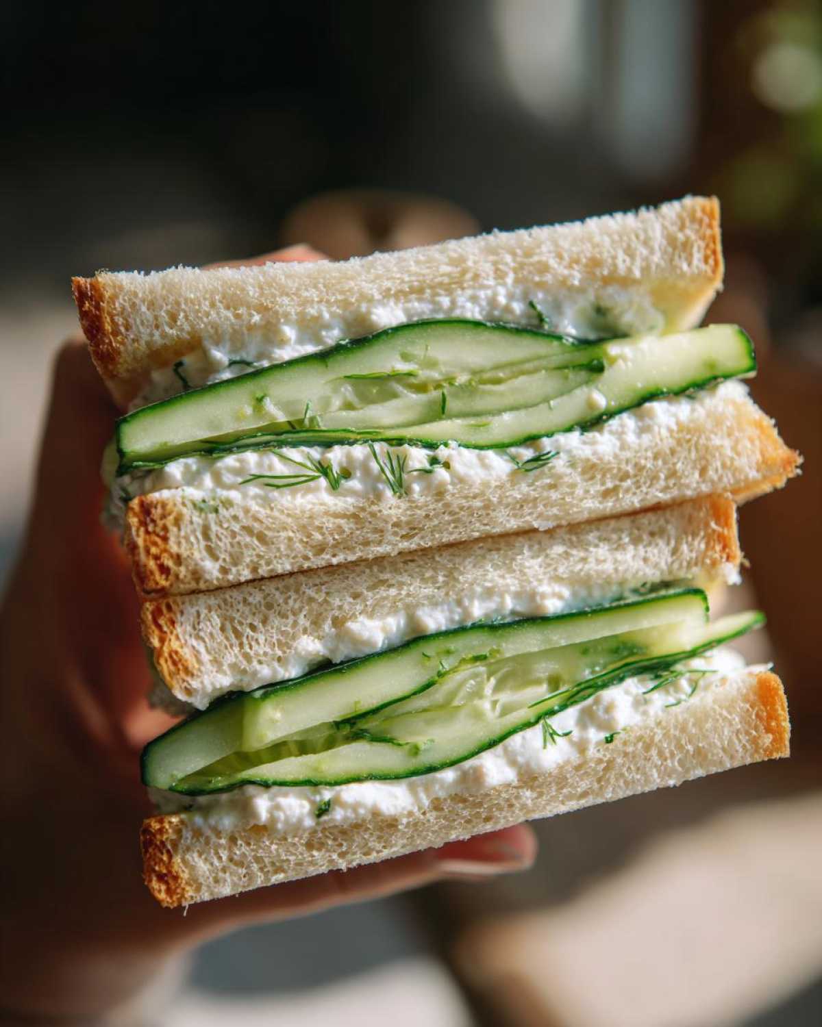 A person holding two halves of a classic cucumber salad sandwiches stacked, showing creamy filling, fresh dill, and thin cucumber slices.