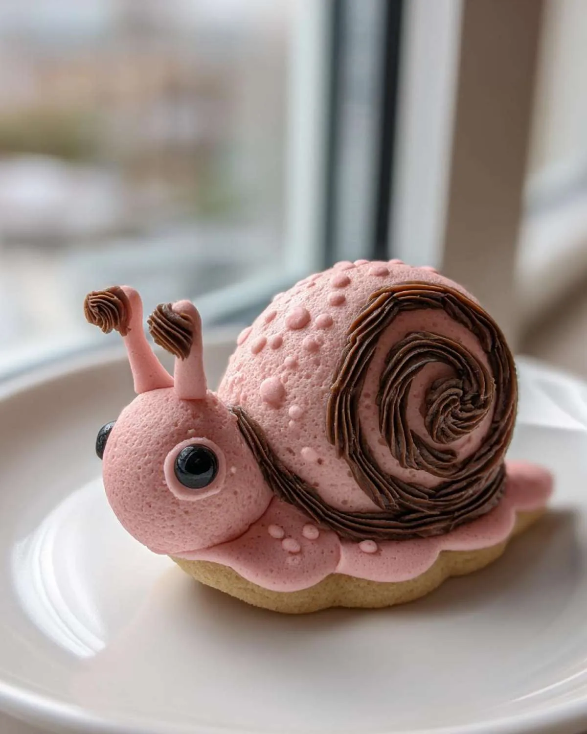 A beautifully decorated sugar snails cookie shaped like a pink snail with chocolate shell swirls, sitting on a white plate.