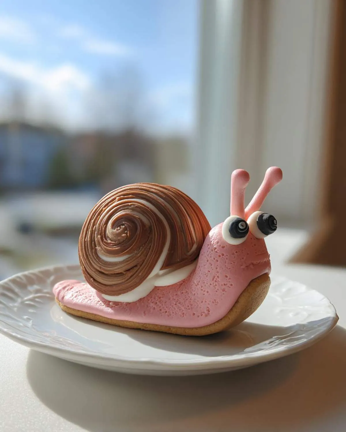A cute, decorated sugar snails cookie shaped like a snail with pink icing body and swirled brown and white shell, sitting on a white plate.