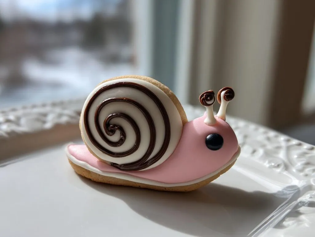 A close-up of a beautifully decorated sugar snails cookie shaped like a pink snail with a white and brown swirled shell.