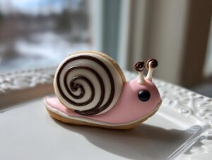 A close-up of a beautifully decorated sugar snails cookie shaped like a pink snail with a white and brown swirled shell.