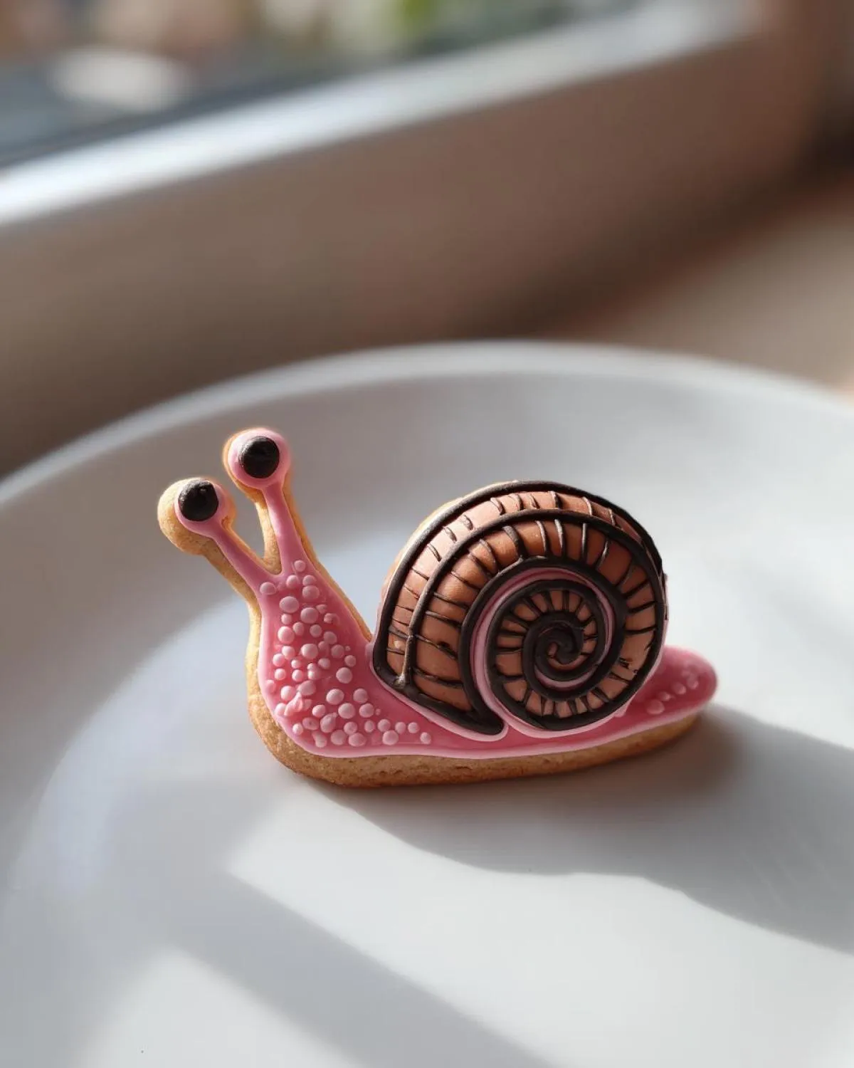 A beautifully decorated sugar snail cookie with pink icing body and a detailed brown swirled shell, resting on a white plate.