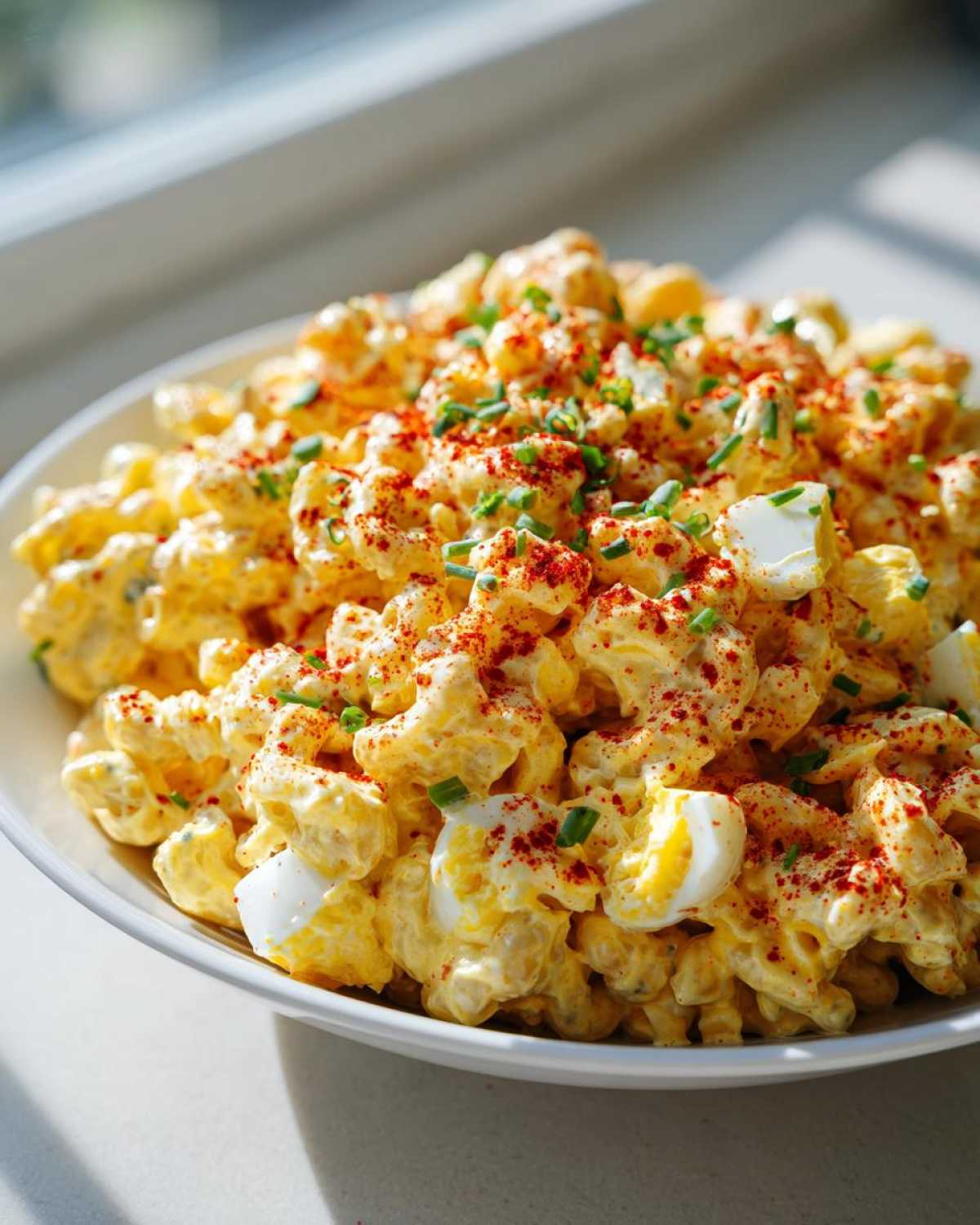 A close-up of creamy deviled egg pasta salad, featuring elbow macaroni, chunks of egg, and topped with paprika and chives.