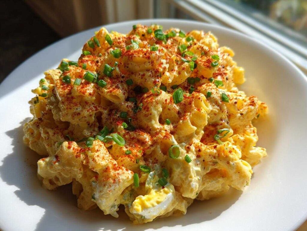 Close-up of creamy deviled egg pasta salad topped with paprika and chives on a white plate.