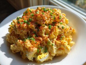 Close-up of creamy deviled egg pasta salad topped with paprika and chives on a white plate.