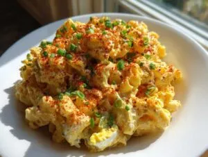 Close-up of creamy deviled egg pasta salad topped with paprika and chives on a white plate.