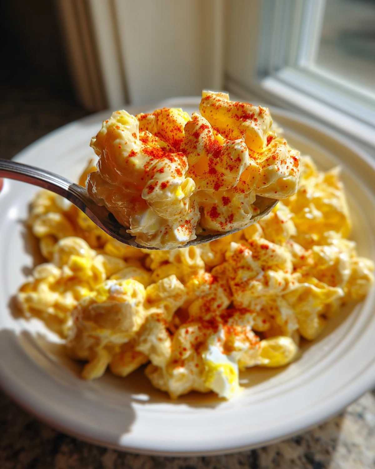 A spoonful of creamy deviled egg pasta salad, topped with bright red paprika, held over a white bowl.