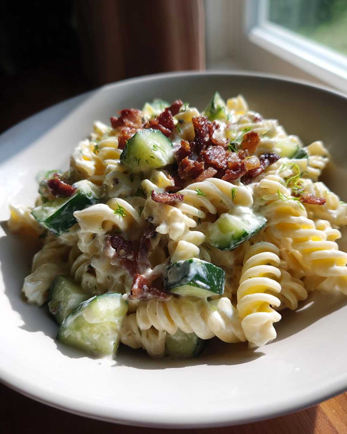 A close-up of creamy dill pickle bacon pasta salad featuring rotini pasta, chunks of cucumber, and crispy bacon bits.