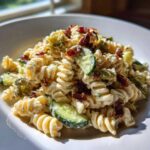 Close-up of creamy dill pickle bacon pasta salad featuring rotini pasta, pickle slices, and bacon bits.