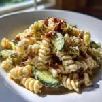 Close-up of creamy dill pickle bacon pasta salad featuring rotini pasta, pickle slices, and bacon bits.