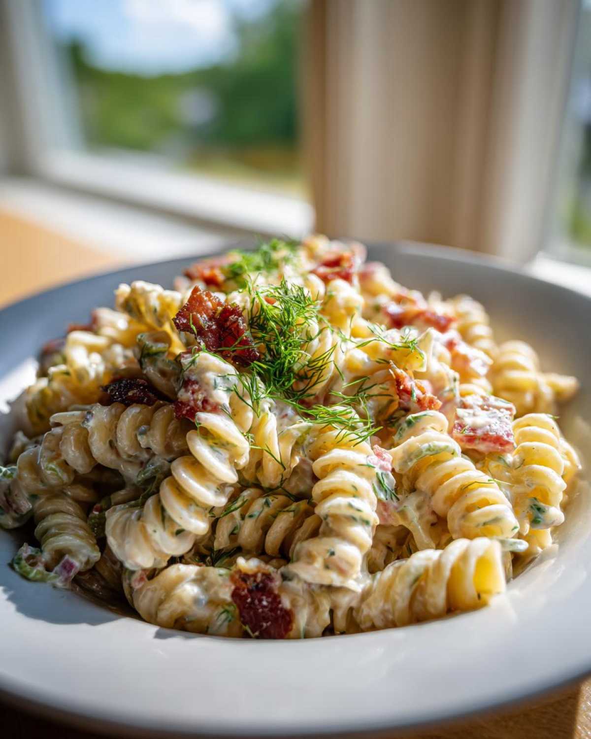 Close-up of creamy dill pickle bacon pasta salad with rotini pasta, bacon bits, and fresh dill garnish.