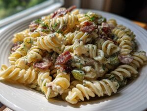 A close-up of creamy dill pickle bacon pasta salad featuring rotini pasta, bacon bits, and fresh dill.