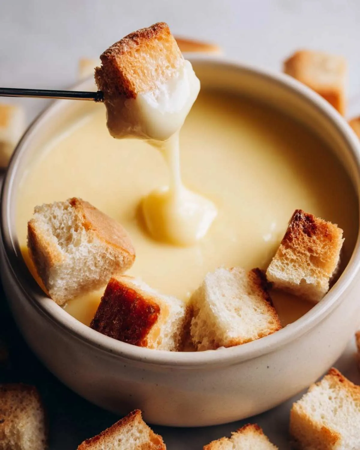 A piece of toasted bread being dipped into a creamy bowl of cheese fondue recipe using a fondue fork.