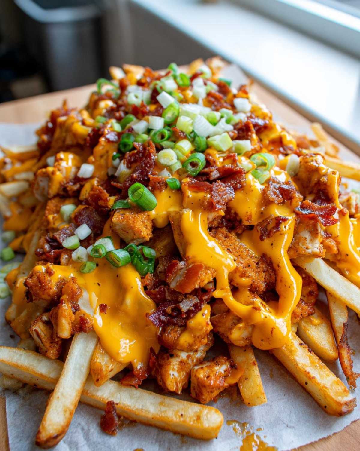 A close-up of dirty chicken and bacon loaded fries smothered in melted cheese sauce and topped with chopped green onions.