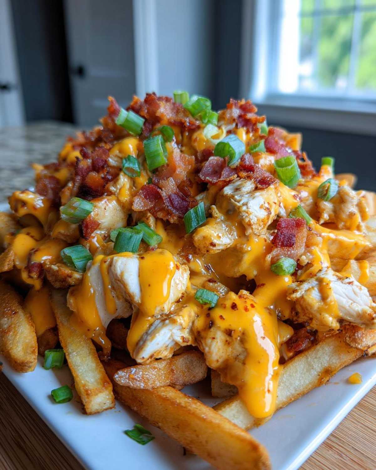 A plate piled high with dirty chicken and bacon loaded fries, smothered in melted cheese sauce and topped with green onions.