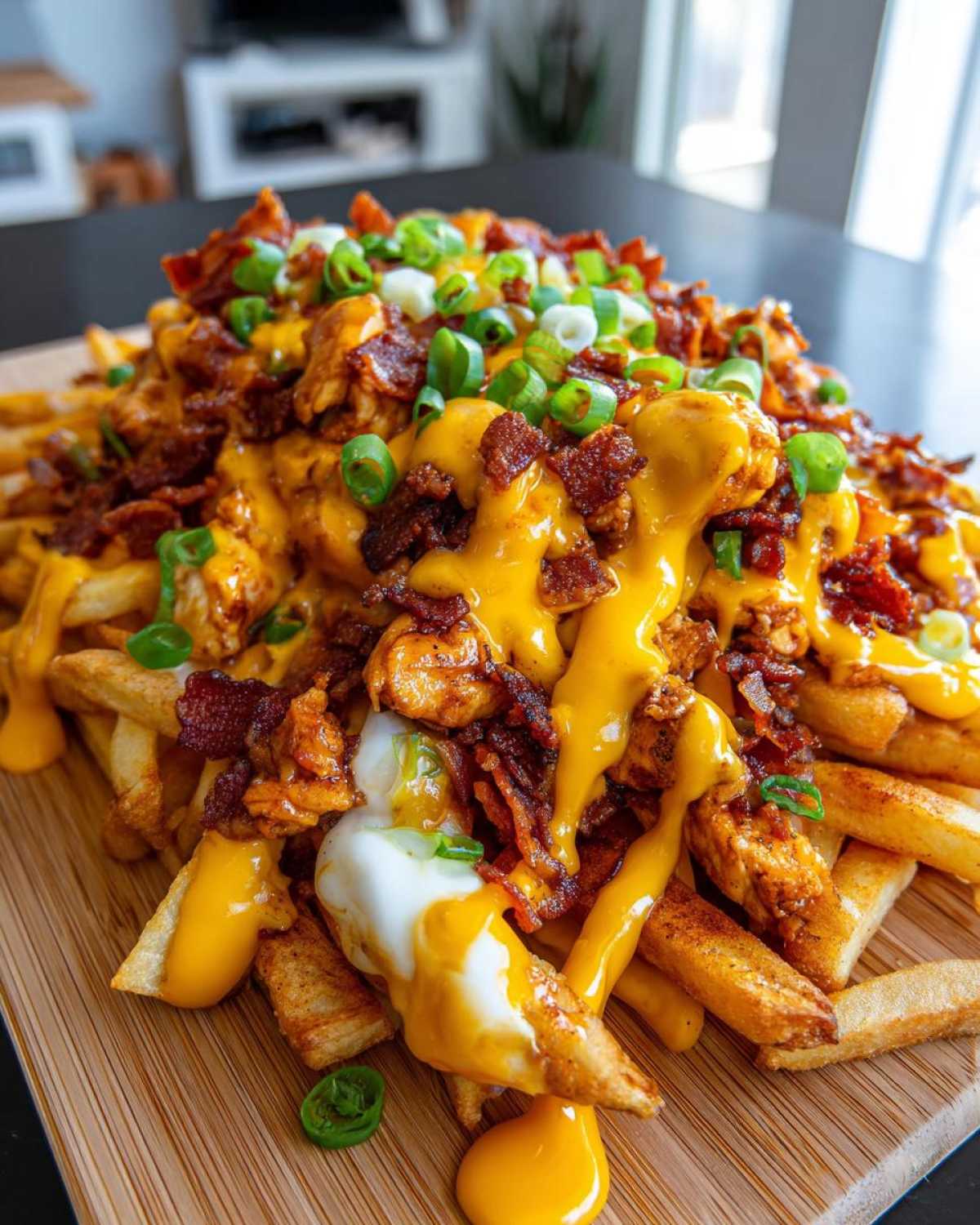 A massive pile of dirty chicken and bacon loaded fries smothered in bright orange cheese sauce and green onions.