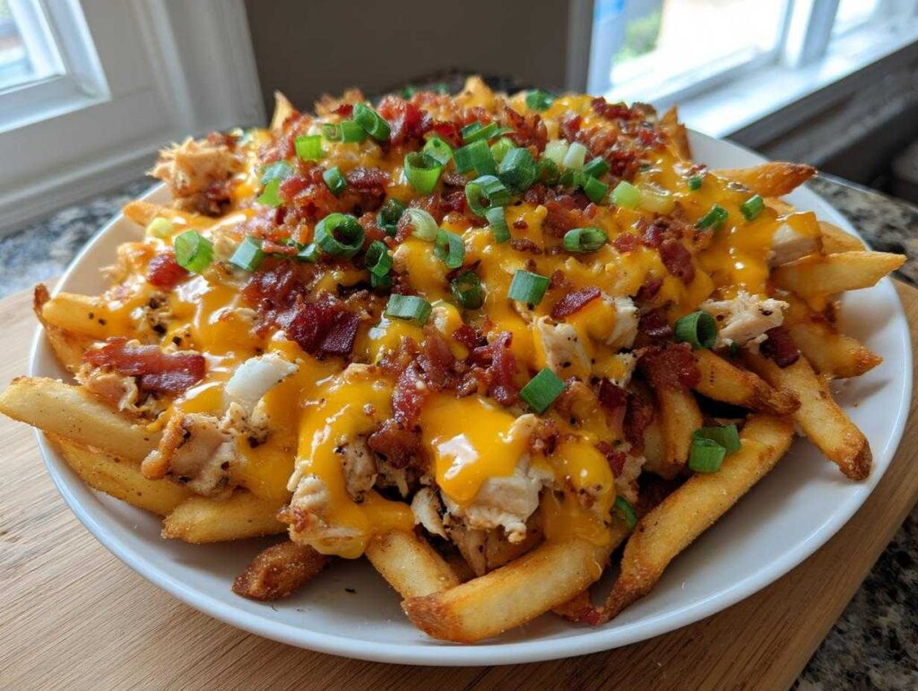 A close-up of dirty chicken and bacon loaded fries smothered in melted cheese and topped with green onions.