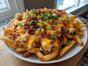 A close-up of dirty chicken and bacon loaded fries smothered in melted cheese and topped with green onions.