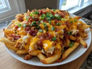 A close-up of dirty chicken and bacon loaded fries smothered in melted cheese and topped with green onions.