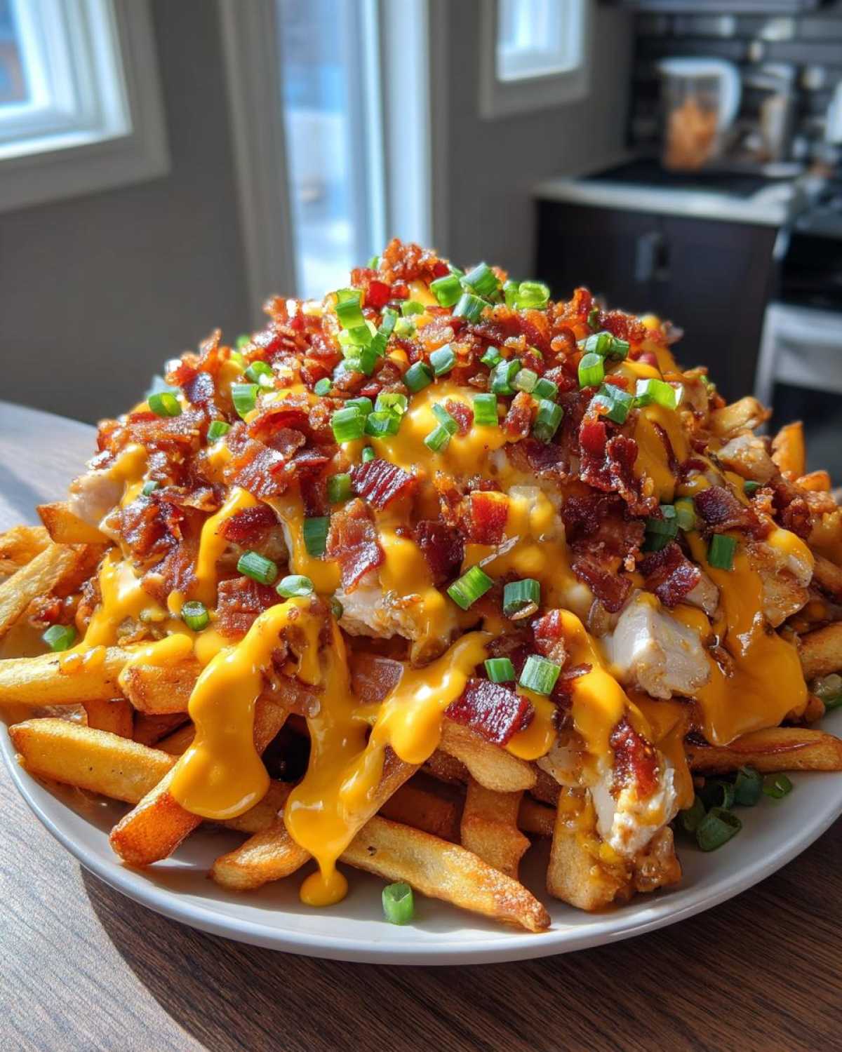 A massive plate of dirty chicken and bacon loaded fries smothered in cheese sauce and green onions.