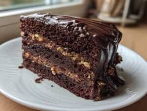 A decadent slice of Dubai chocolate cake featuring dark chocolate layers and crunchy filling, topped with glossy chocolate ganache.