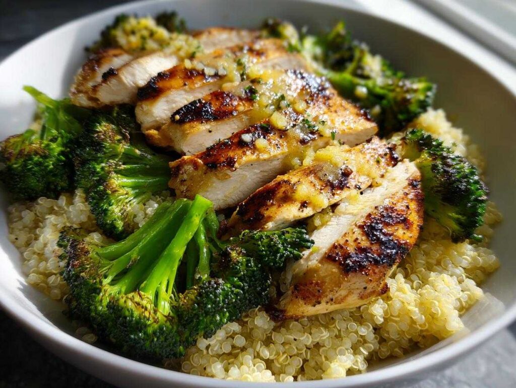 Close-up of sliced grilled chicken and charred broccoli served over quinoa in a white bowl, perfect for grilled chicken and broccoli bowls.