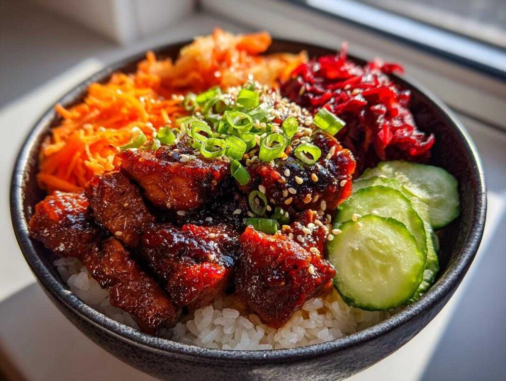 Close-up of a vibrant korean bbq chicken bowls featuring glazed chicken pieces over rice, topped with scallions, sesame seeds, carrots, beets, and cucumbers.