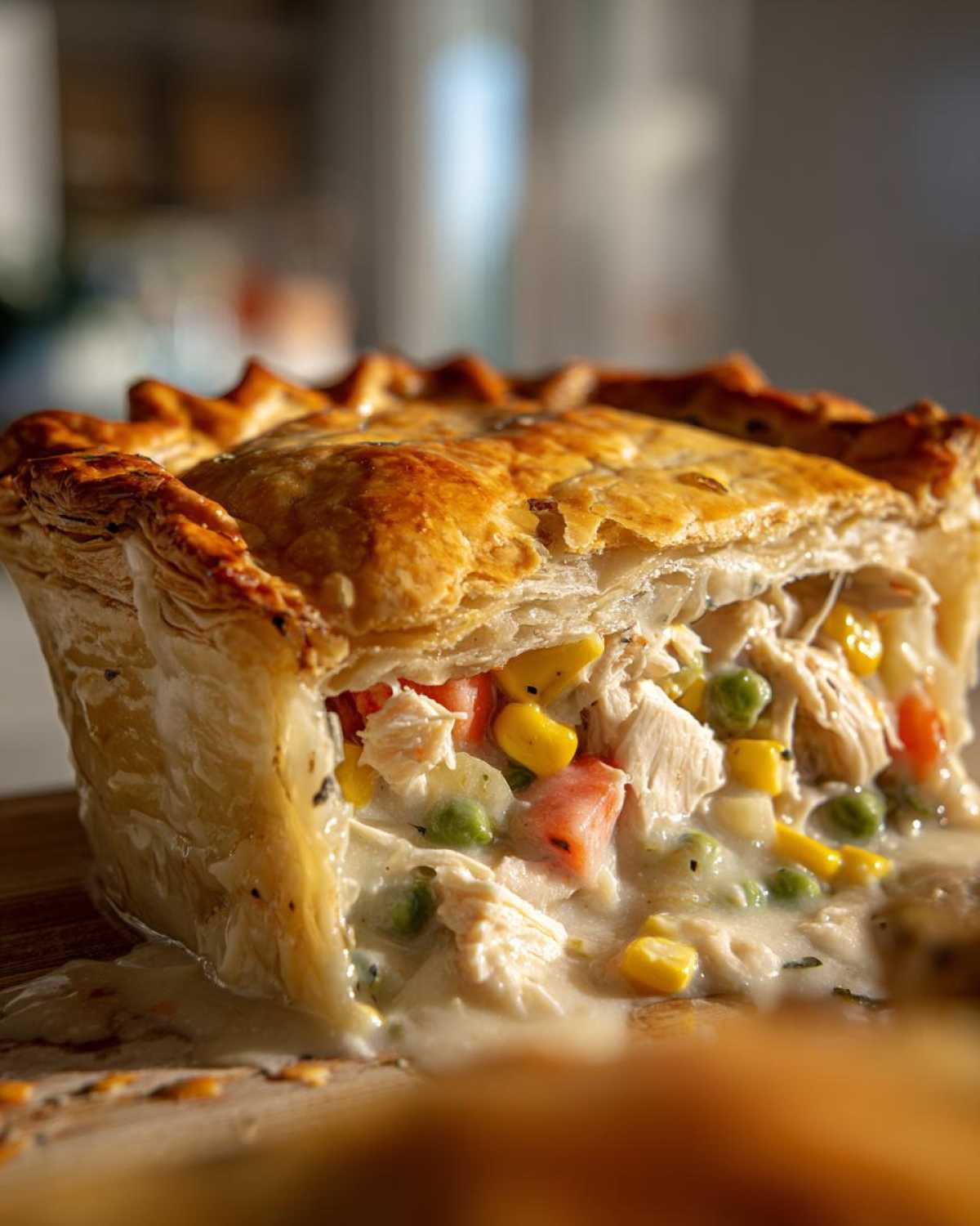 A cross-section view of a golden, flaky crust chicken pot overflowing with creamy filling, chicken, corn, and peas.