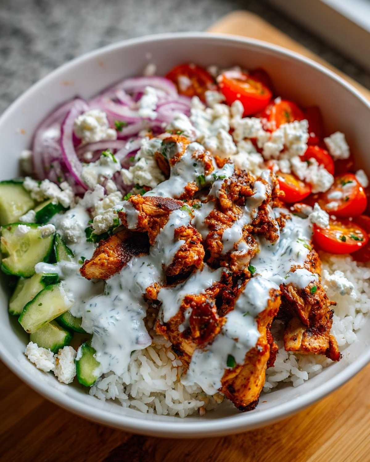 A close-up view of a rice bowl filled with seasoned chicken, tzatziki sauce, cucumbers, tomatoes, red onion, and feta cheese, making up delicious chicken gyro bowls.