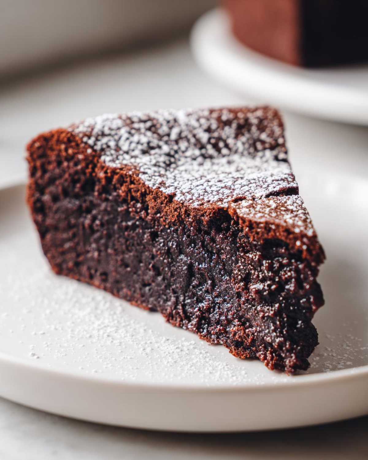A close-up of a moist slice of flourless chocolate cake dusted with powdered sugar on a white plate.