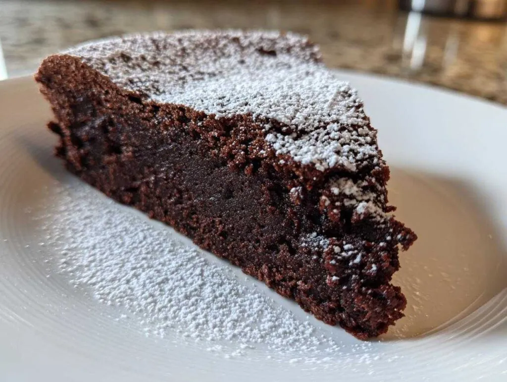 A close-up of a rich, dense slice of flourless chocolate cake dusted generously with powdered sugar on a white plate.