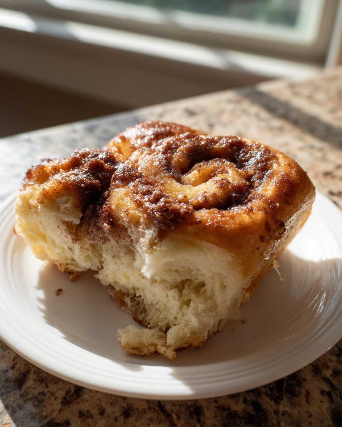 Close-up of a soft, yeast-risen Amish cinnamon flop with a gooey brown sugar topping, served on a white plate.