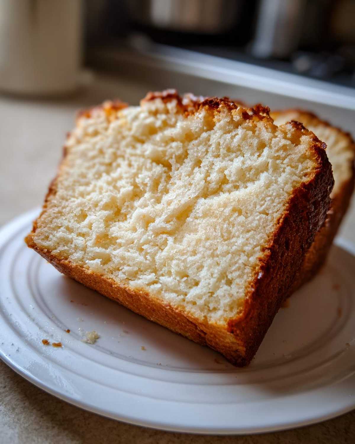 A close-up of a thick slice of golden-crusted beer bread showing its soft, airy interior texture on a white plate.