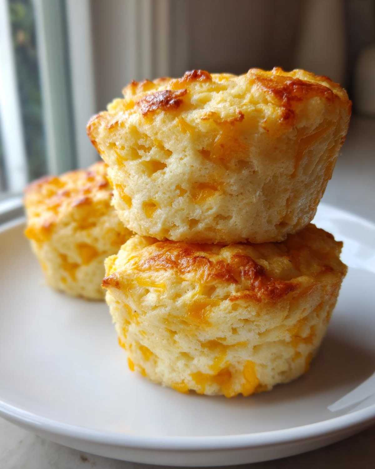 A stack of three fluffy, golden-brown cheddar egg bites resting on a white plate, perfect for breakfast.