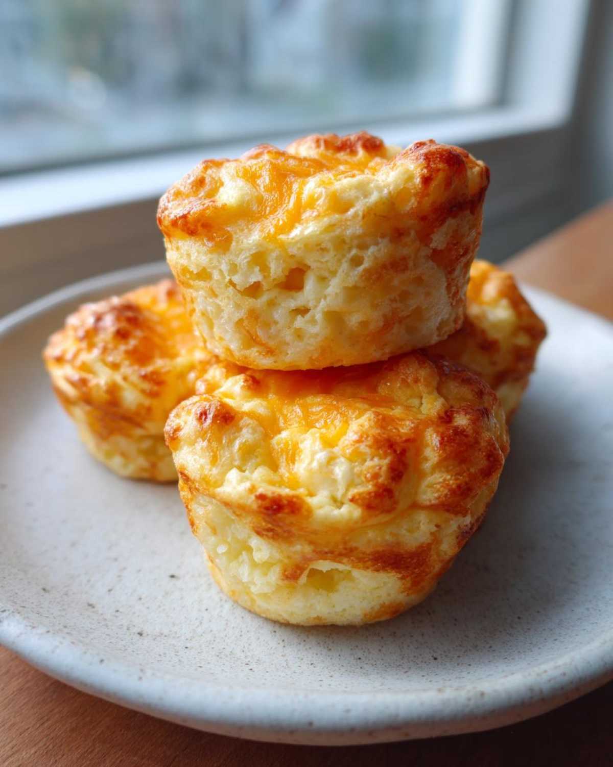A stack of three golden-brown, cheesy egg bites served on a speckled white plate, perfect for breakfast.