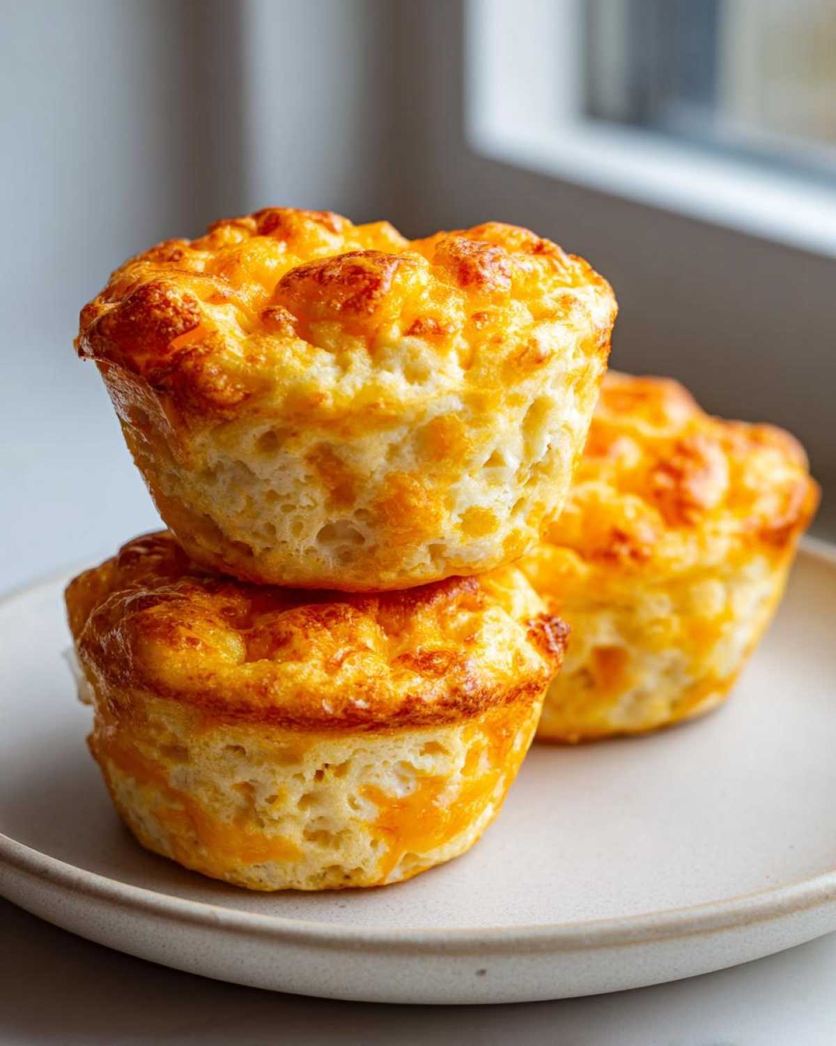 A stack of three golden brown, fluffy egg bites topped with melted cheese on a light ceramic plate.