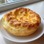 A single, fluffy, golden-brown cloud bread recipe serving resting on a white plate near a window.