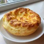 A single, fluffy, golden-brown cloud bread recipe serving resting on a white plate near a window.
