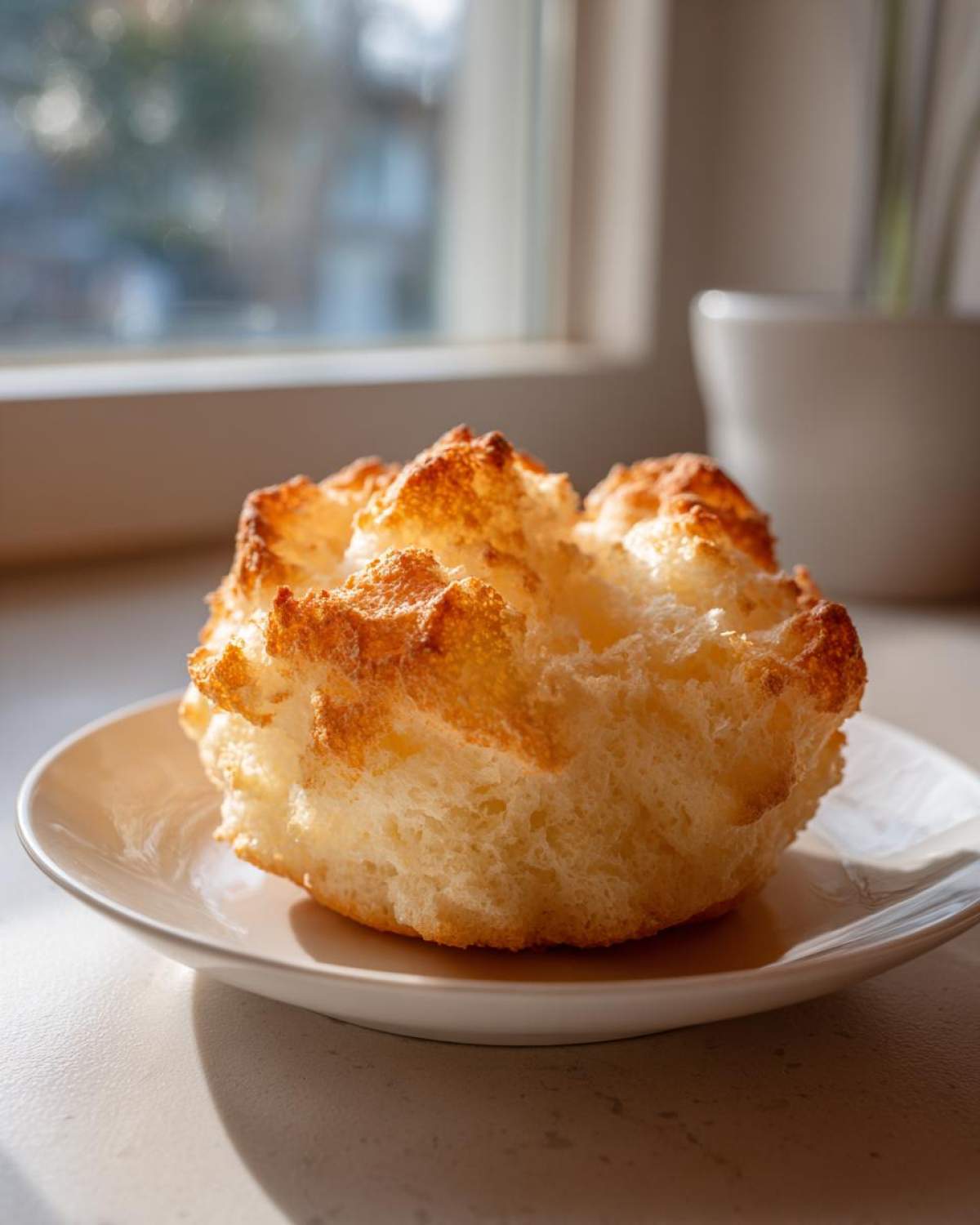 A single, golden-brown, fluffy piece of cloud bread recipe sitting on a small white plate near a window.